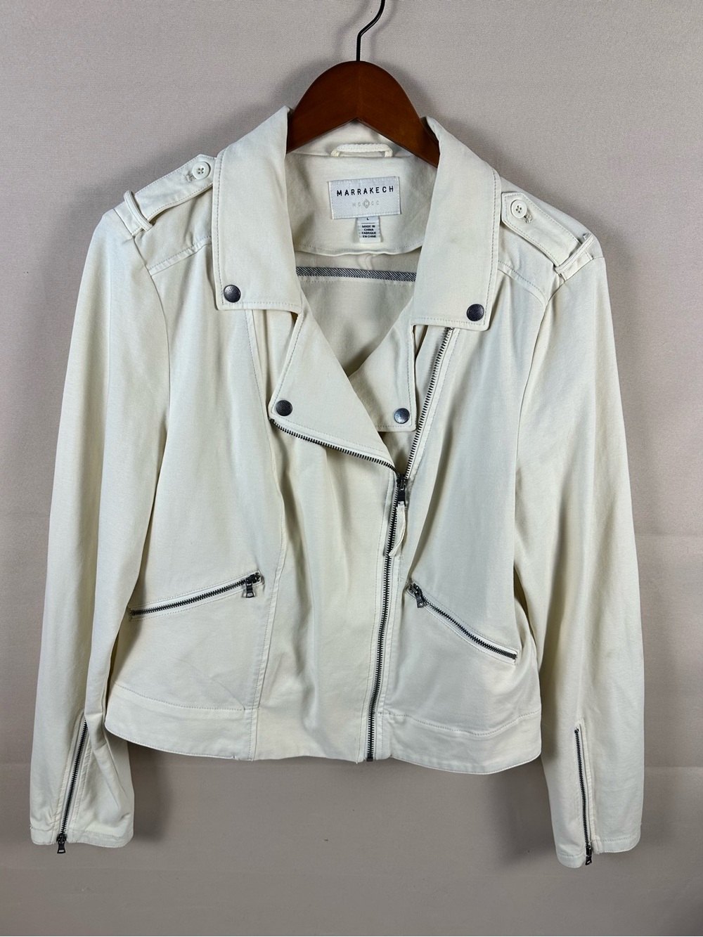 Marrakech Moto Jacket Women’s L Large Cream Asymmetrical Zip Stretch